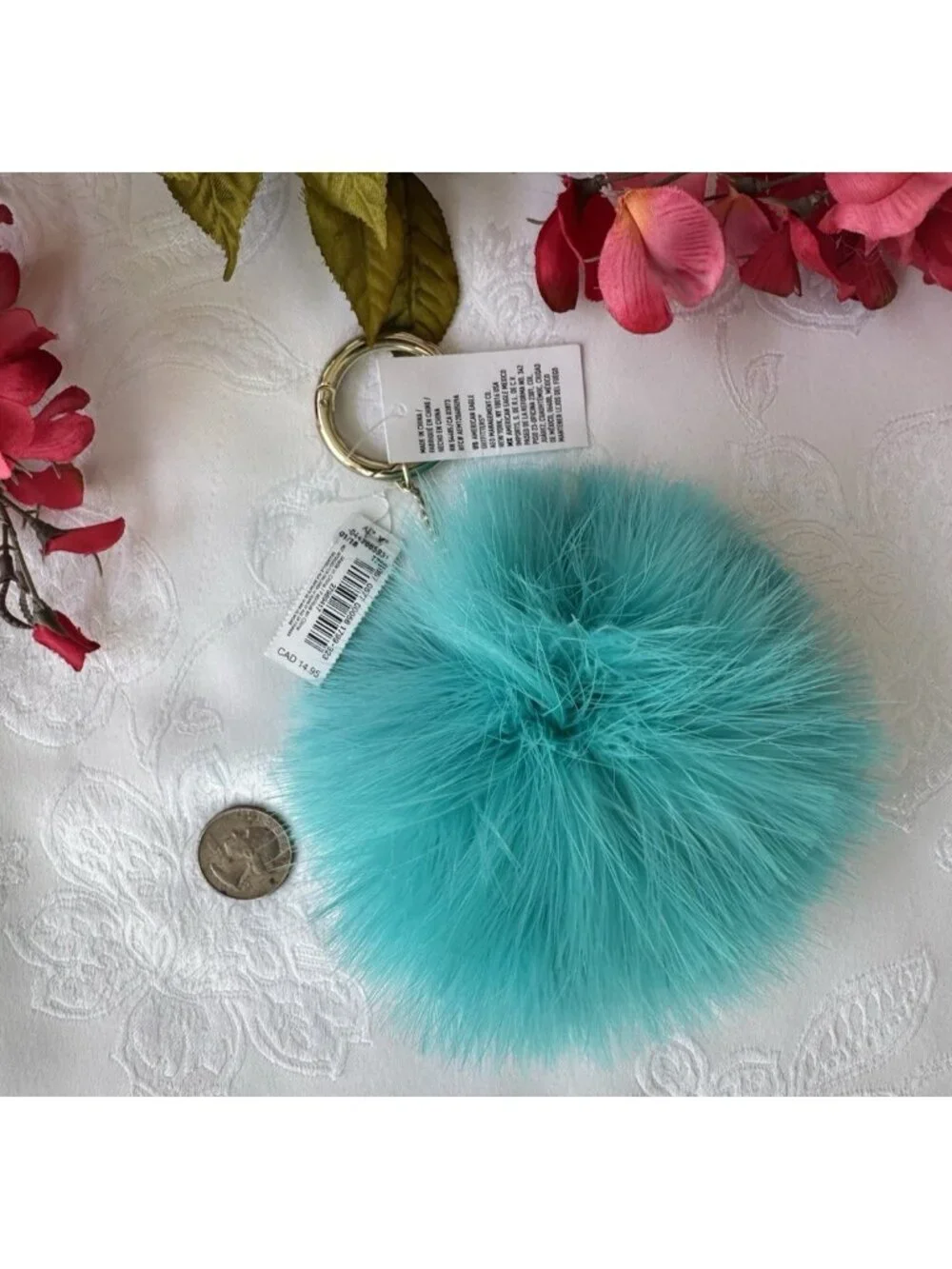 American Eagle Blue Summer Cute Pom-Pom Furry Keychain Bag Charm Key Ring NEW